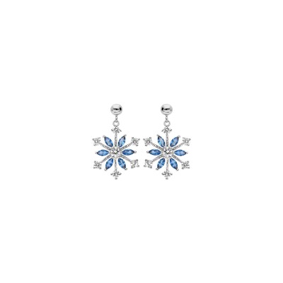 Boucles d'oreilles tige argent rhodié flocon de neige oxydes blancs et navettes bleues sertis
