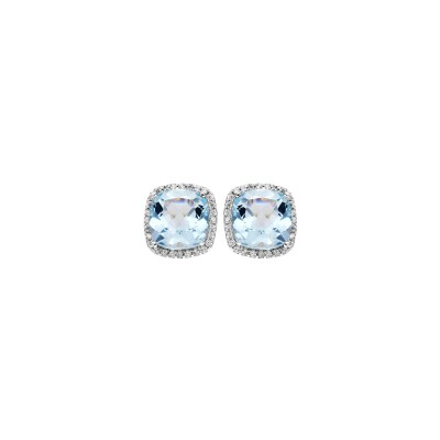 Boucles d'oreilles tige argent rhodié massif pierre carré topaze bleue véritable contour oxydes blancs sertis