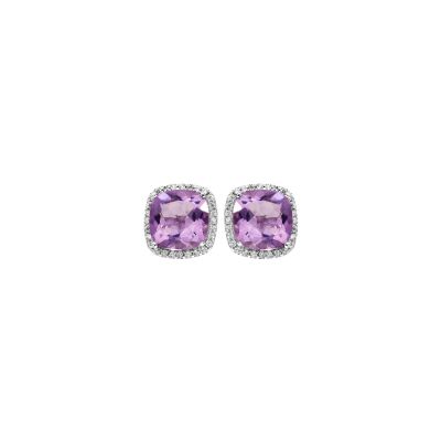 Boucles d'oreilles tige argent rhodié massif pierre carré améthyste véritable contour oxydes blancs sertis