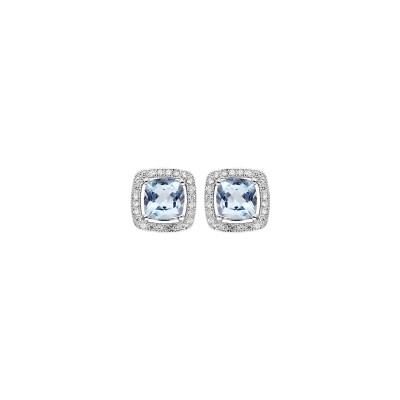 Boucles d'oreilles tige argent rhodié massif rectangulaire topaze bleue véritable contour oxydes blancs sertis