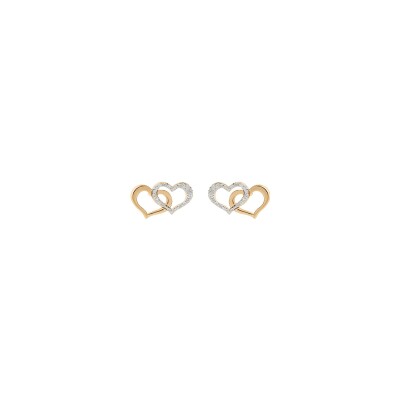 Boucles d'oreilles tige argent et dorure jaune double coeur 1 lisse et 1 granité