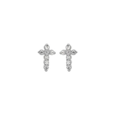 Boucles d'oreilles tige argent rhodié puces croix oxydes blancs sertis dim 6mm x 3 mm