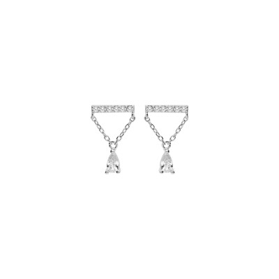 Boucles d'oreilles tige argent rhodié tige oxydes blancs avec chainette et 1 oxyde blanc forme poire serti