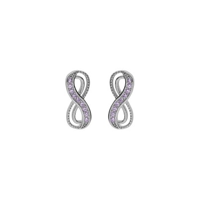 Boucles d'oreilles tige argent rhodié motif infini avec oxydes violet sertis