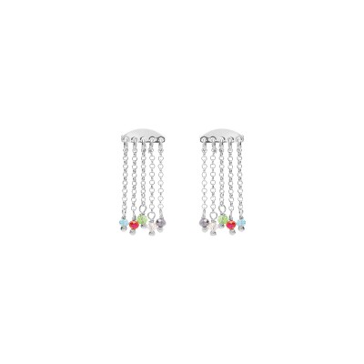 Boucles d'oreilles tige argent rhodié 4 chainettes perles imitation multicouleur