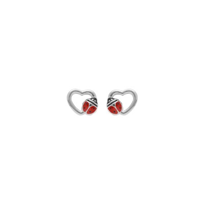 Boucles d'oreilles tige argent rhodié coeur avec coccinelle