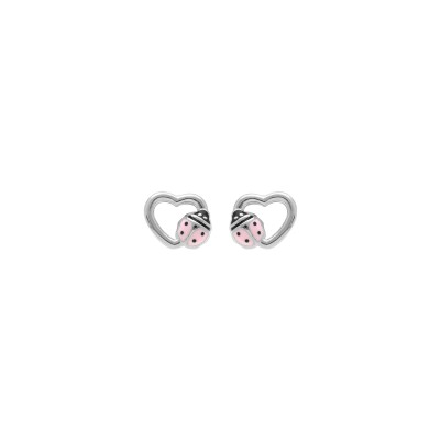 Boucles d'oreilles tige argent rhodié coeur avec coccinelle rose