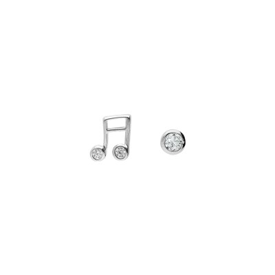 Boucles d'oreilles tige argent rhodié 1 oxyde blanc serti clos et 1 note de musique