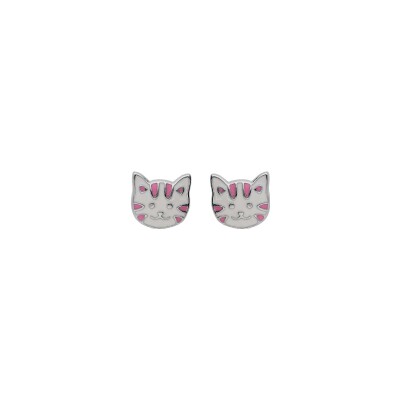 Boucles d'oreilles tige argent rhodié tête chat résine blanc et rose