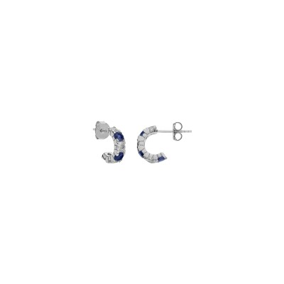 Boucles d'oreilles tige argent rhodié demi Boucles d'oreilles créoles oxydes bleus foncé et blancs sertis