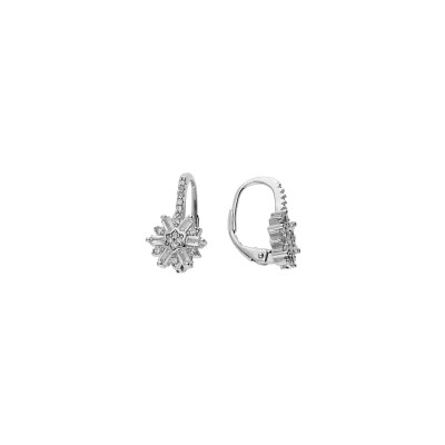 Boucles d'oreilles dormeuse argent rhodié flocon de neige oxyde blanc sertis