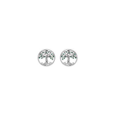 Boucles d'oreilles tige argent rhodié arbre de vie résine verte