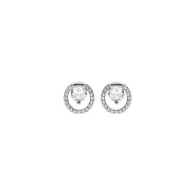 Boucles d'oreilles tige argent rhodié cercle oxydes blancs sertis et 1 oxyde central blanc serti griffes