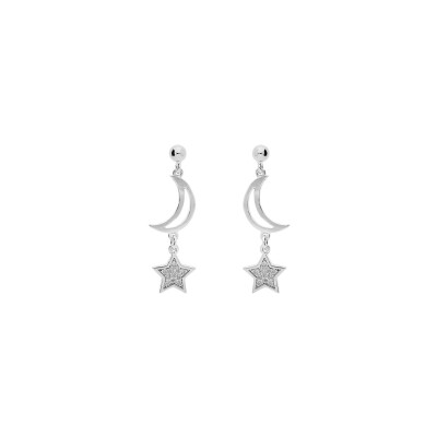 Boucles d'oreilles tige argent platiné lunes et étoiles oxydes blancs sertis