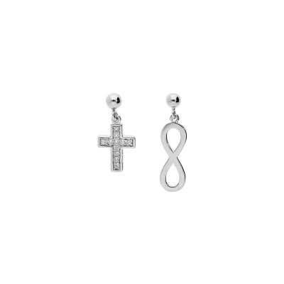 Boucles d'oreilles tige argent platiné 1 infini et 1 croix oxydes blancs sertis