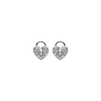 Boucles d'oreilles tige argent rhodié cadenas coeur pavé oxydes blancs