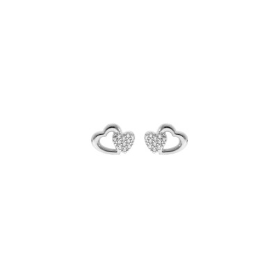 Boucles d'oreilles tige argent rhodié double coeurs oxydes blancs sertis