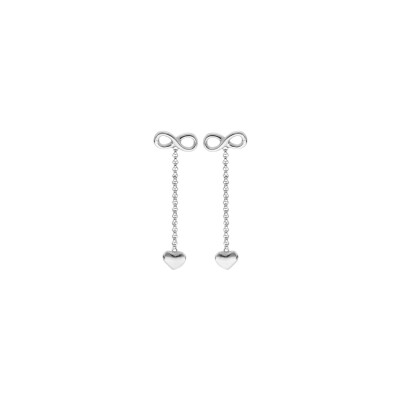 Boucles d'oreilles tige argent rhodié motif infini chainette et coeur