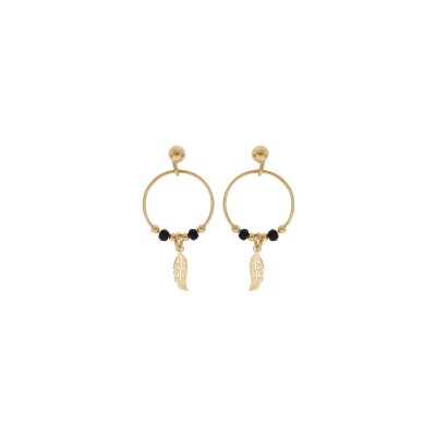 Boucles d'oreilles créoles tige argent et dorure jaune 15mm boules lisses et noires pampille plume