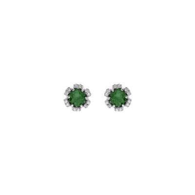 Boucles d'oreilles tige argent rhodié fleur oxydes vert foncé et blancs sertis