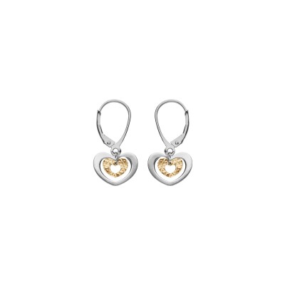Boucles d'oreilles dormeuse bicolore argent rhodié et dorure jaune double coeur