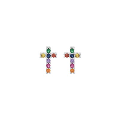 Boucles d'oreilles tige argent rhodié croix 10 x 8 mm pierres synthétiques multi couleurs