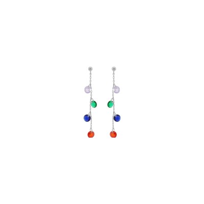Boucles d'oreilles tige argent rhodié pendantes gouttes pierres synthétiques multi couleurs