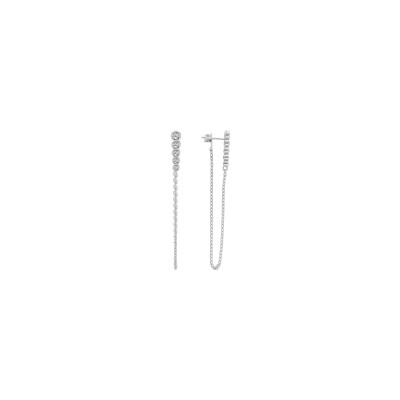Boucles d'oreilles tige argent rhodié 5 oxydes blancs sertis en chute et chainette