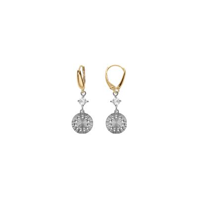 Boucles d'oreilles dormeuse argent rhodié et doré jaune rond diamanté avec 1 oxyde blanc