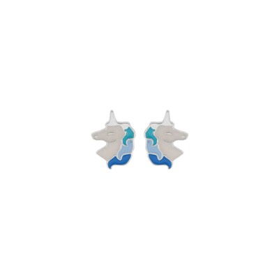 Boucles d'oreilles tige argent rhodié licorne résine blanche et bleue