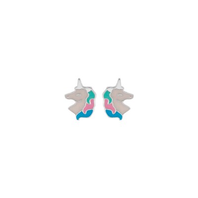 Boucles d'oreilles tige argent rhodié licorne résine blanche et pastel