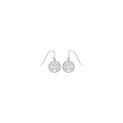Boucles d'oreilles crochet argent rhodié fleur de lotus contour cercle oxydes blancs sertis
