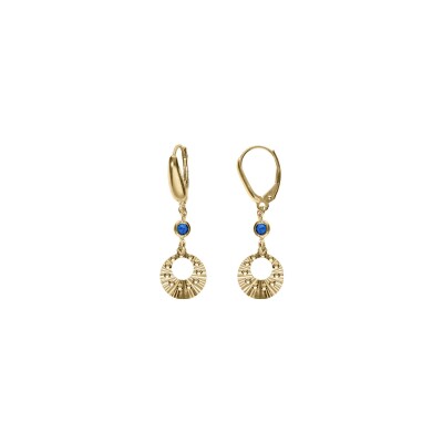 Boucles d'oreilles dormeuse argent dorré jaune cercle diamanté et 1 oxyde bleu