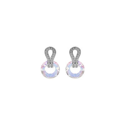 Boucles d'oreilles tige argent rhodié cercle verre faceté blanc et goutte oxydes blancs sertis