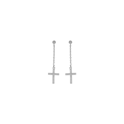 Boucles d'oreilles tige argent rhodié oxyde et chainette avec croix oxydes blancs sertis 17x10mm