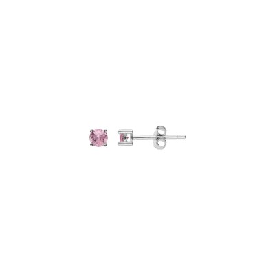 Boucles d'oreilles tige solitaire argent rhodié ronde 3mm oxyde rose pale serti 4 griffes