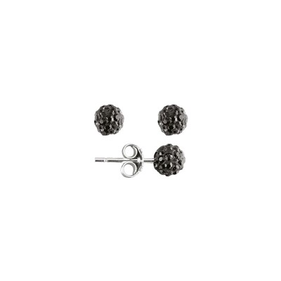 Boucles d'oreilles tige argent rhodié pt boule résine noire strass noirs