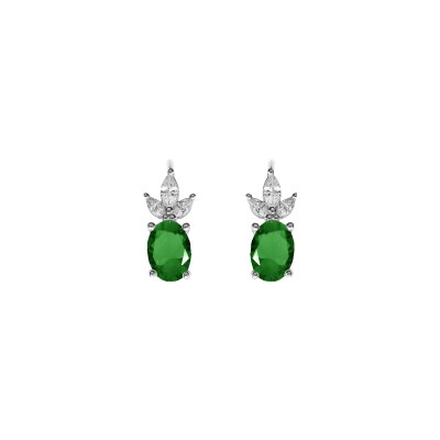 Boucles d'oreilles dormeuse argent rhodié oxydes blancs et vert