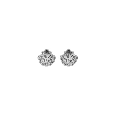 Boucles d'oreilles tige argent rhodié coquille st jacques de compostelles oxydes blancs sertis