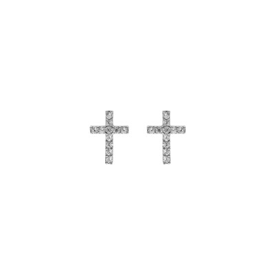 Boucles d'oreilles tige argent rhodié croix oxydes blancs sertis