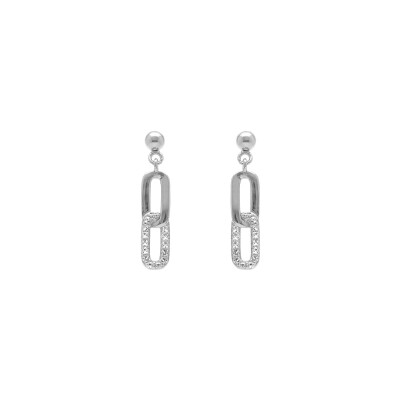Boucles d'oreilles tige argent rhodié pendante 2 rectangles entrelacés 1 lisse 1 avec oxydes blancs sertis