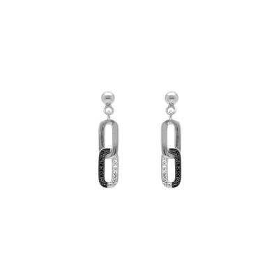 Boucles d'oreilles tige argent rhodié pendante 2 rectangles entrelacés 1 lisse 1 avec oxydes blancs et noirs sertis