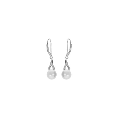 Boucles d'oreilles dormeuse argent platiné perle de culture d'eau douce avec oxydes blancs sertis