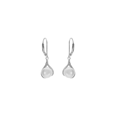 Boucles d'oreilles domeuse forme goutte argent platiné perle de culture d'eau douce avec oxydes blancs sertis