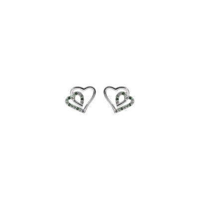 Boucles d'oreilles tige argent rhodié double coeur 10mm contour oxydes verts et blancs