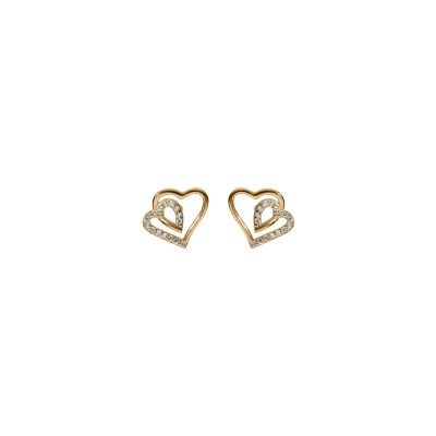 Boucles d'oreilles tige argent doré double coeur 10mm contour oxydes blancs