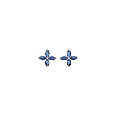 Boucles d'oreilles tige argent rhodié fleur verre bleu foncé