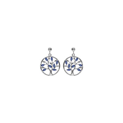 Boucles d'oreilles tige argent rhodié pendante cercle arbre de vie oxydes bleus