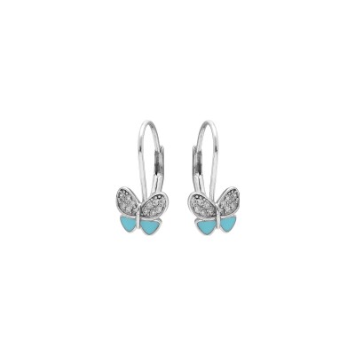 Boucles d'oreilles dormeuse argent rhodié papillon résine bleu ciel et oxydes blancs