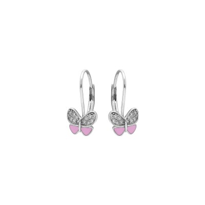 Boucles d'oreilles dormeuse argent rhodié papillon résine rose et oxydes blancs